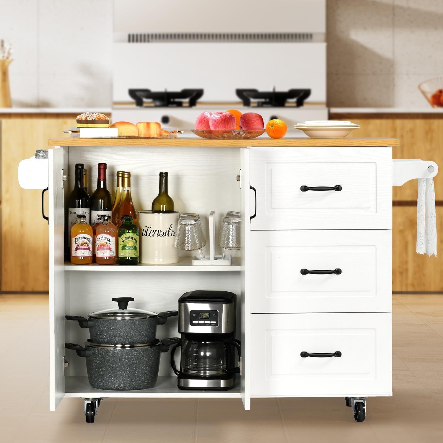 4 EVER WINNER Kitchen Island Cart with Drop Leaf & 3 Drawers, 43” Kitchen Island with Storage Cabinet on Wheels, Spice Rack, Towel Rack, Rolling Kitchen Island Table Breakfast Bar for Kitchen, White