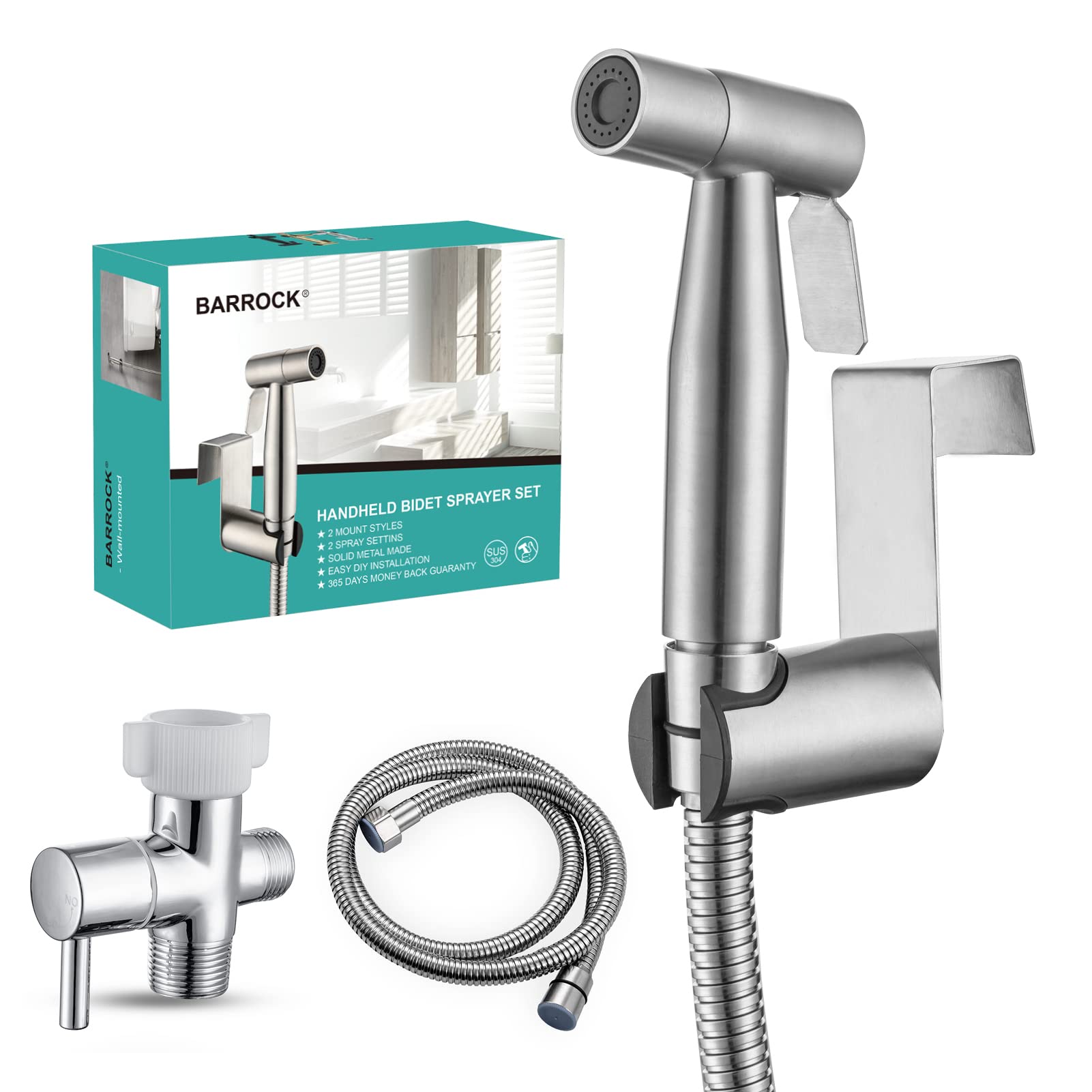 BARROCK Handheld Bidet Sprayer for Toilet, Stainless Steel Metal Made Baby Cloth Diaper Spraying Kit, Bathroom Toilet Bidet Attachment Set for Bathing Pets and Feminine Hygiene, Brushed Nickel