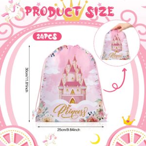 Riakrum 24 Pcs Prince Princess Party Favor Bags Pink Blue Drawstring Princess Goodie Bags Floral Castle Prince Princess Gift Bags Candy Bags for Birthday Baby Shower Decoration Supplies 11.8 x 9.8''