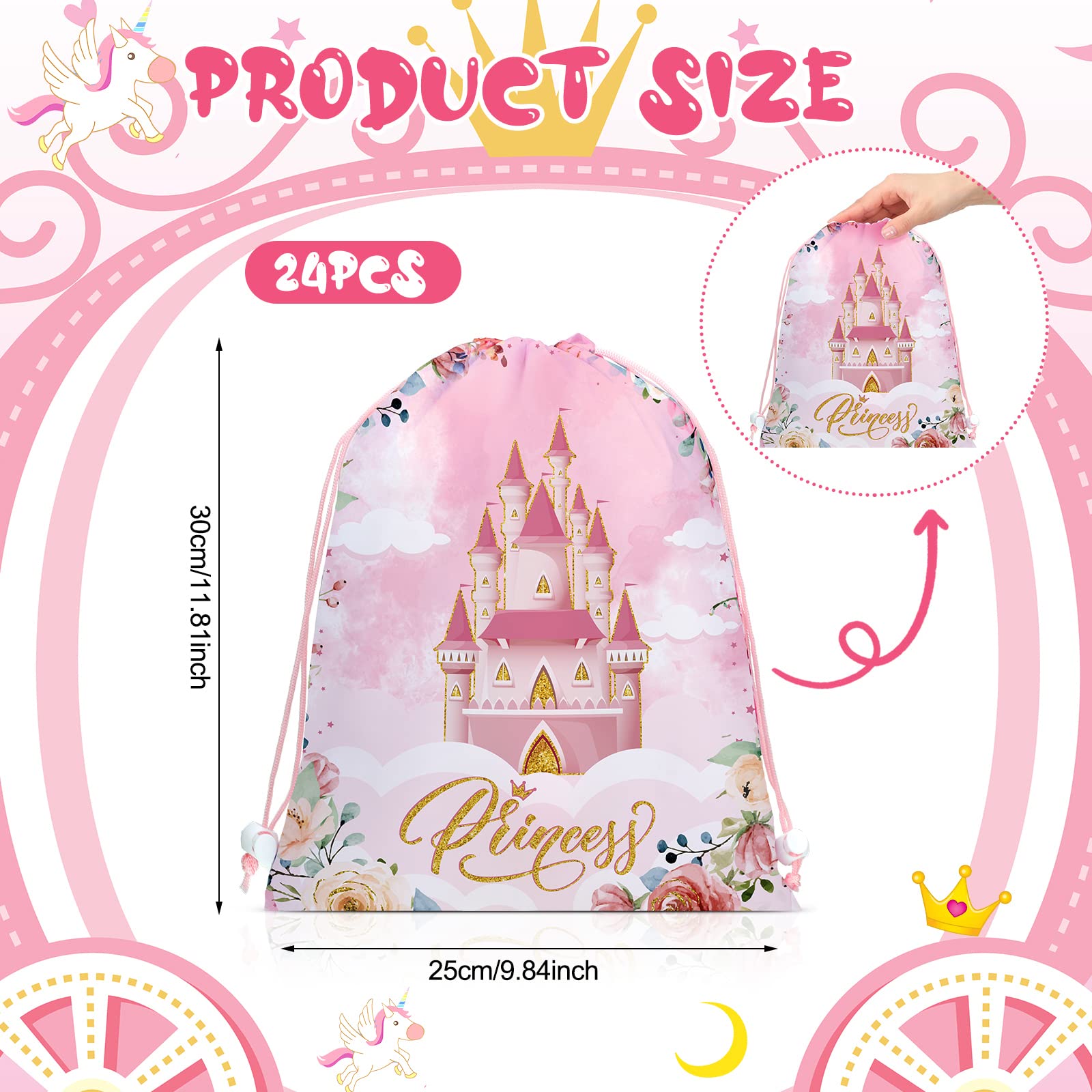 Riakrum 24 Pcs Prince Princess Party Favor Bags Pink Blue Drawstring Princess Goodie Bags Floral Castle Prince Princess Gift Bags Candy Bags for Birthday Baby Shower Decoration Supplies 11.8 x 9.8''