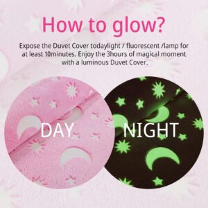 HOMBYS Glow in The Dark Duvet Cover Set for Kids Full/Queen Size, 3 Pieces Pink Soft Plush Velvet Bedding Comforter Cover with Glowing Stars for Girls Bedroom (1 Duvet Cover, 2 Matching Pillow Cases)