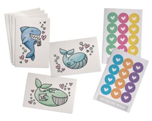 sugartown greetings under the sea note cards - 24 sea life themed note cards with envelopes and colorful heart seal stickers - for birthday thank you, valentines day - featuring sharks & whales