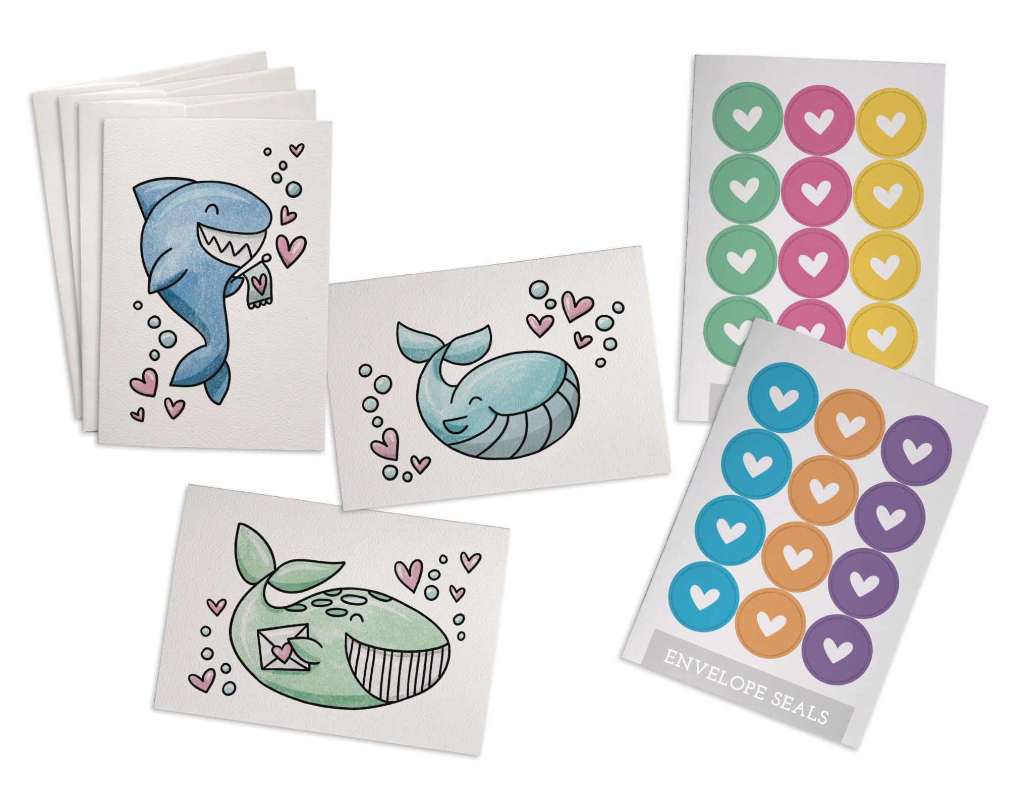 Sugartown Greetings Under the Sea Note Cards - 24 Sea Life Themed Note Cards with Envelopes and Colorful Heart Seal Stickers - For Birthday Thank You, Valentines Day - Featuring Sharks & Whales