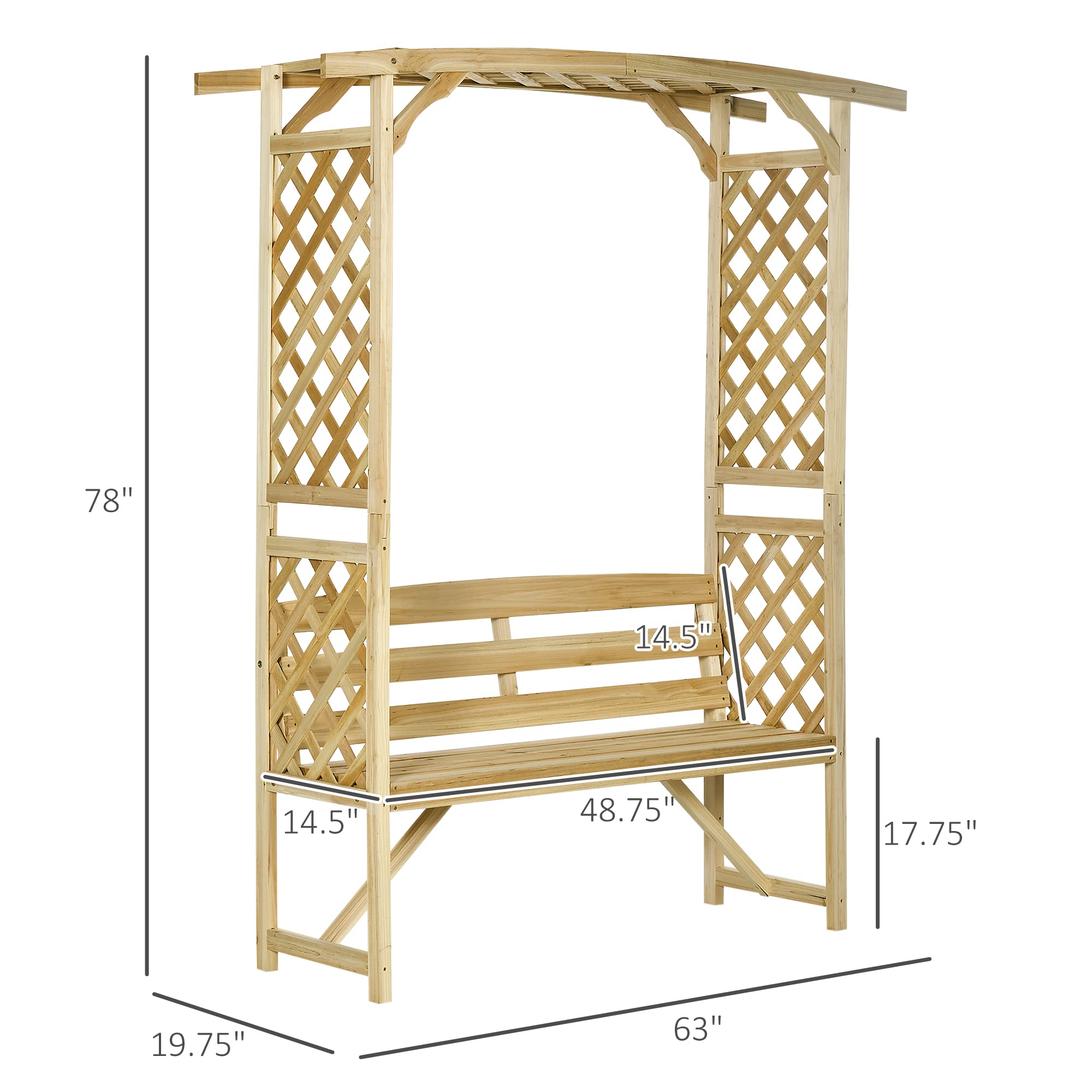 Outsunny Patio Garden Bench Arbor Arch with Pergola and 2 Trellises, 3 Seat Natural Wooden Outdoor Bench for Grape Vines & Climbing Plants, Backyard Decor, Natural