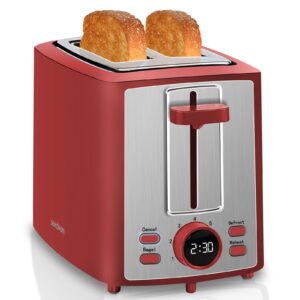 seedeem toaster 2 slice, bread toaster with lcd display, 7 shade settings, 1.４'' variable extra wide slots toaster with cancel, bagel, defrost, reheat functions, removable crumb tray, 900w, retro red