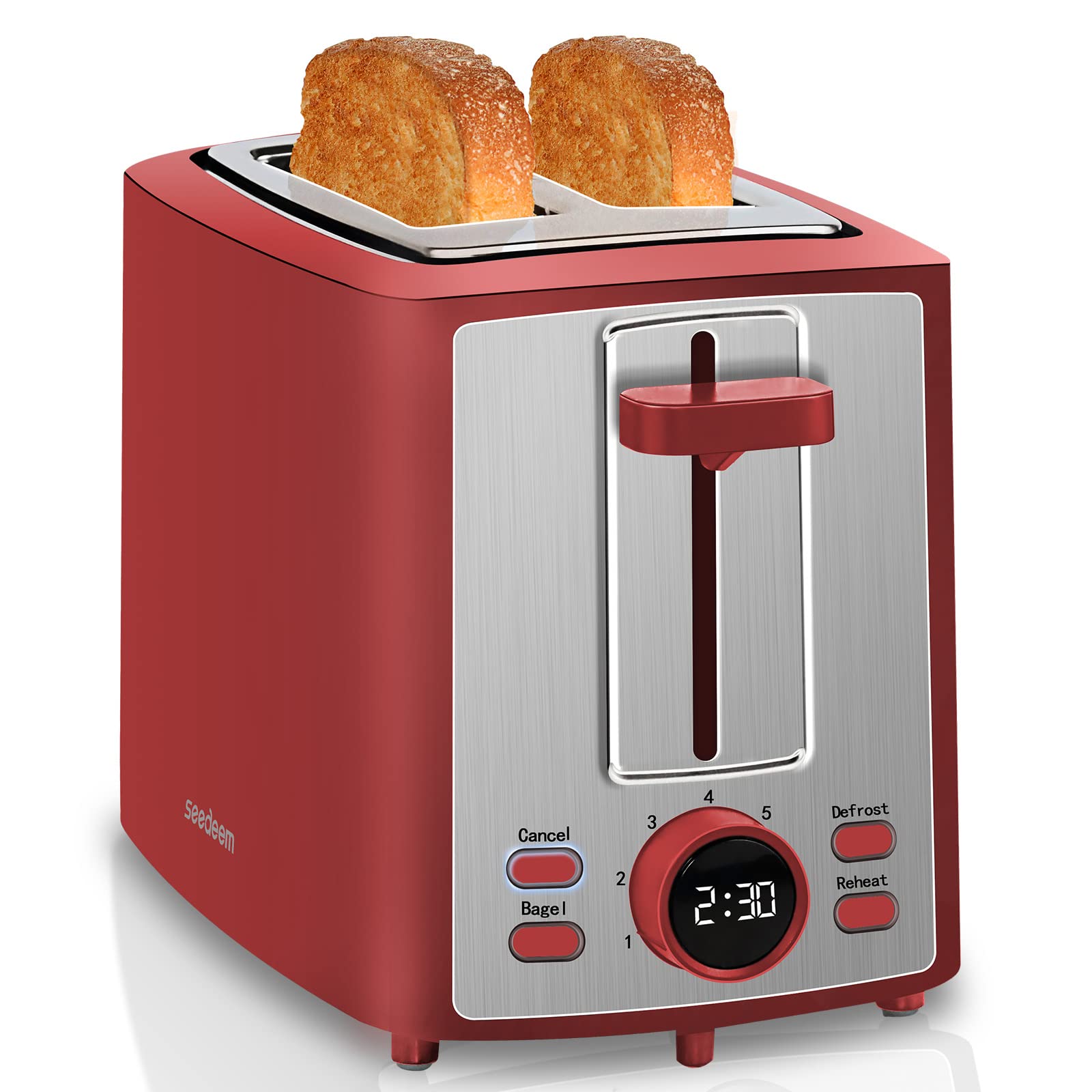 SEEDEEM Toaster 2 Slice, Bread Toaster with LCD Display, 7 Shade Settings, 1.４'' Variable Extra Wide Slots Toaster with Cancel, Bagel, Defrost, Reheat Functions, Removable Crumb Tray, 900W, Retro Red