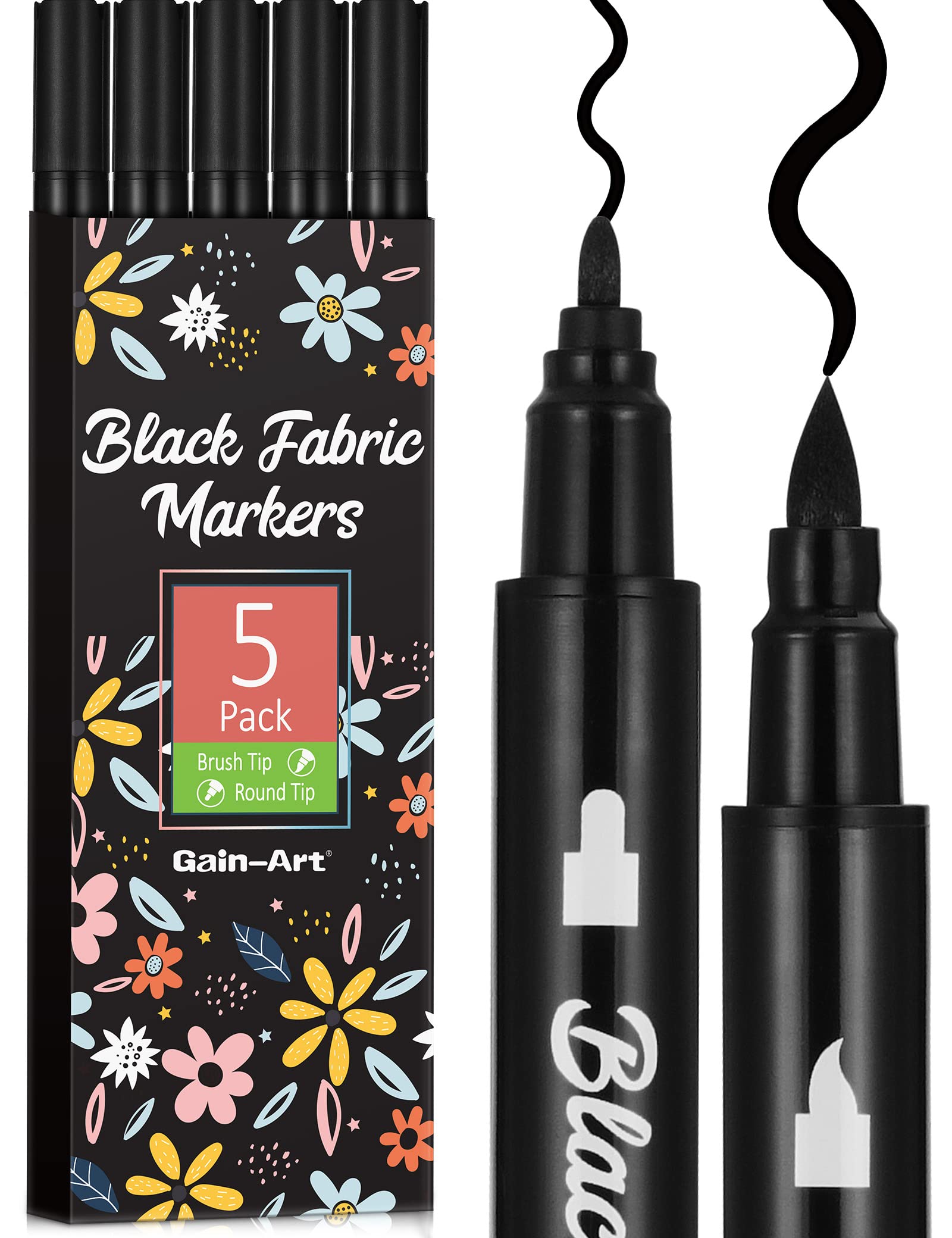 Gain-Art Black Fabric Markers - Dual-Tip Fabric Markers Permanent for Clothes - Non-Toxic Fabric Paint Pens for Personalizing Shirts Bags Hats Canvas, and Textiles