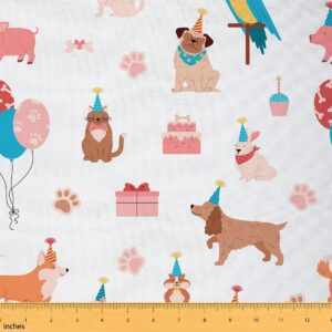 cute dogs fabric by the yard kawaii pet puppy sweet cake decor fabric for kids teens girls lovely paw print happy birthday theme fabric for room decor and diy upholstery 1 yard