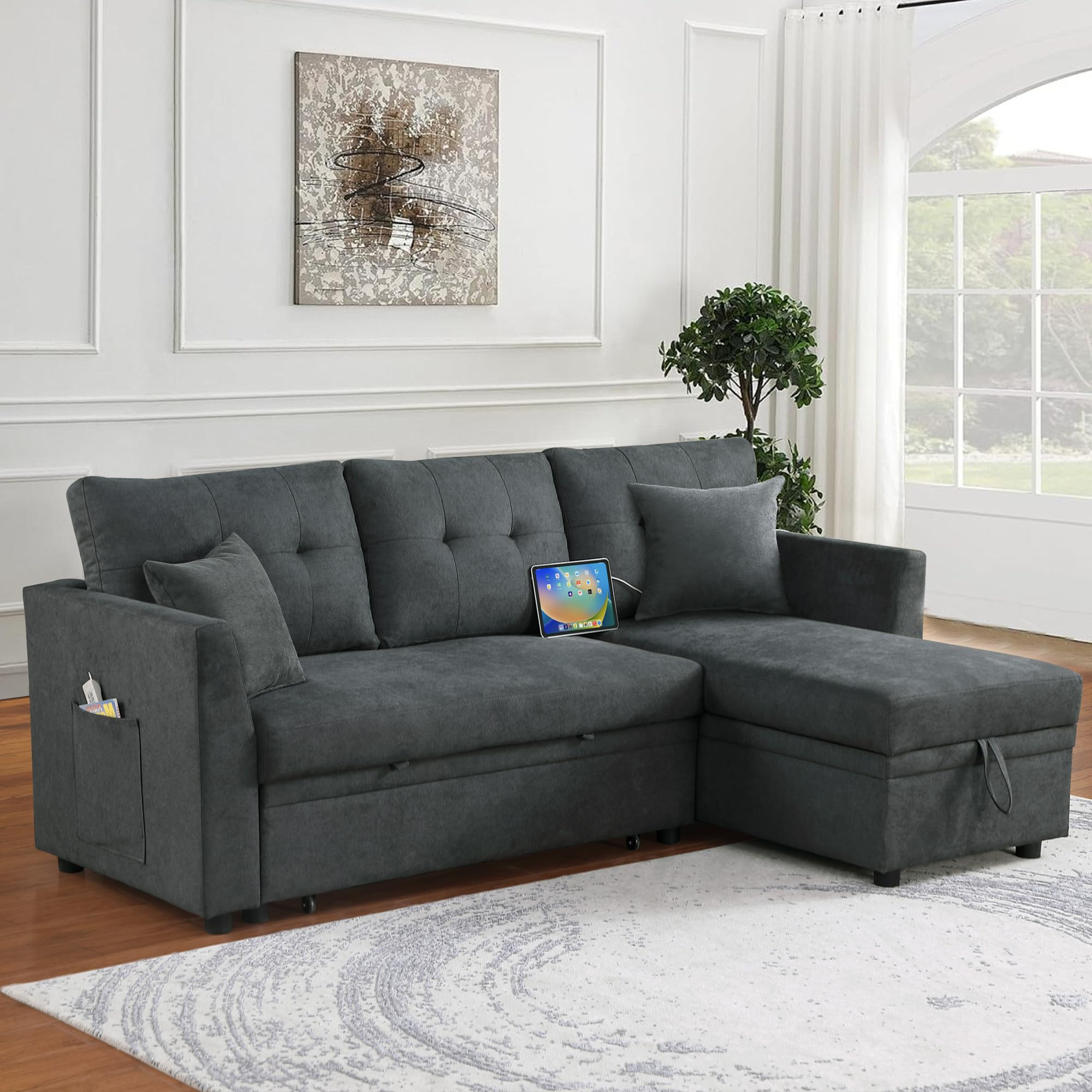 uhome Upholstered Sleeper Sofa with USB Ports