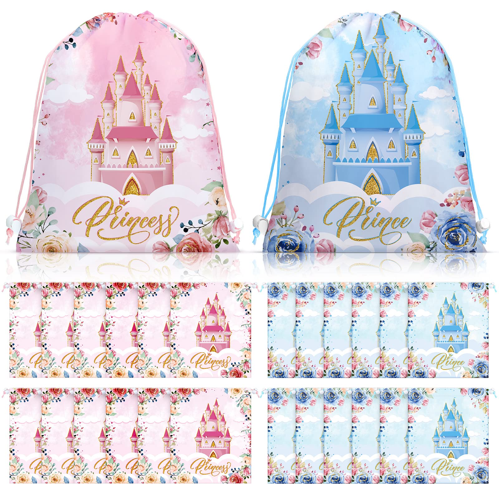 Riakrum 24 Pcs Prince Princess Party Favor Bags Pink Blue Drawstring Princess Goodie Bags Floral Castle Prince Princess Gift Bags Candy Bags for Birthday Baby Shower Decoration Supplies 11.8 x 9.8''