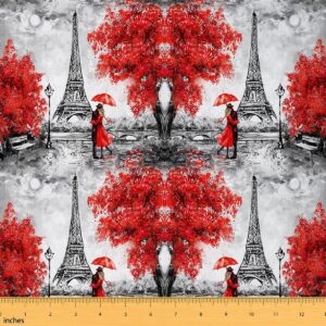 eiffel tower upholstery fabric, romantic paris street fabric by the yard, sweet couple lover flowers floral decorative fabric, french paris cityscape indoor outdoor fabric, red grey, 3 yards