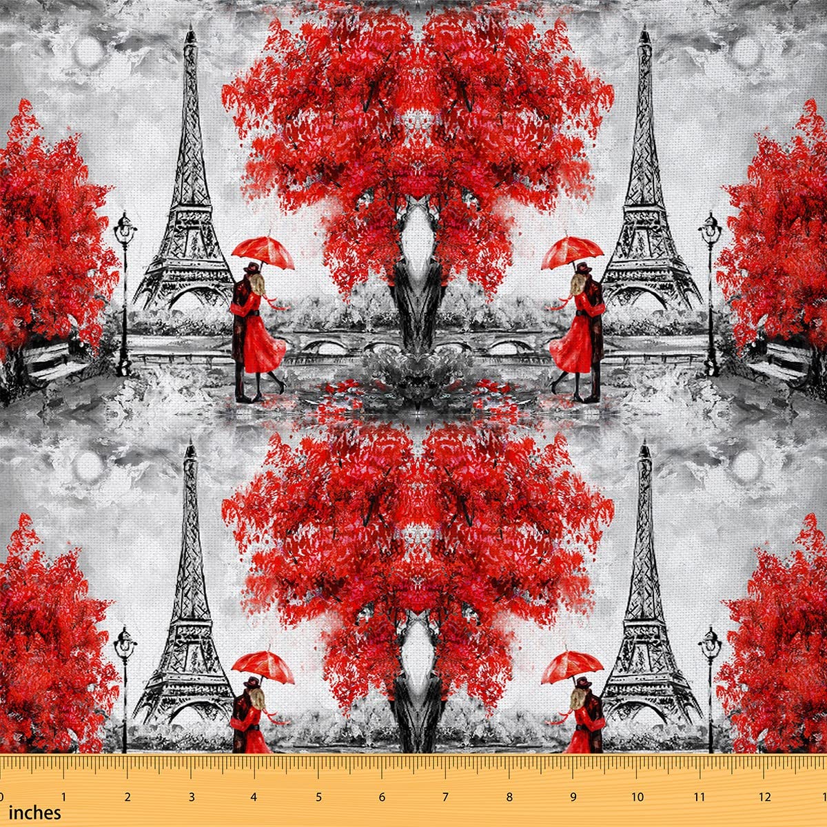 Eiffel Tower Upholstery Fabric, Romantic Paris Street Fabric by The Yard, Sweet Couple Lover Flowers Floral Decorative Fabric, French Paris Cityscape Indoor Outdoor Fabric, Red Grey, 3 Yards