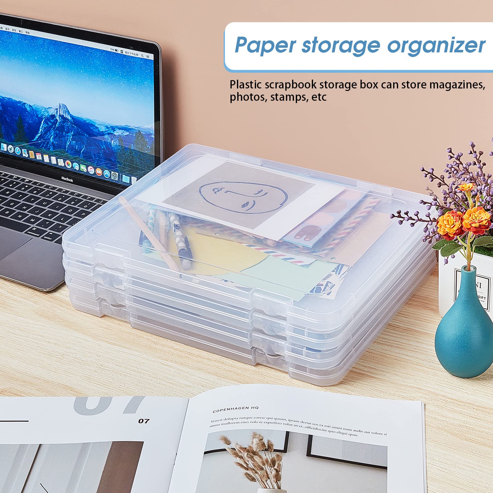 Gueevin A4 Clear File Portable Project Case Plastic Scrapbook Paper Storage Box with Handle Document Case Photo Storage Containers for Magazines Stamps Photos Art Craft,12.4 x 8.6 x 0.8 in(4 Pcs)