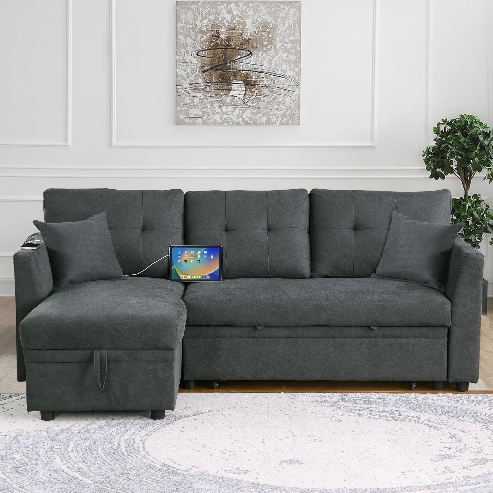 uhome Upholstered Sleeper Sofa with USB Ports