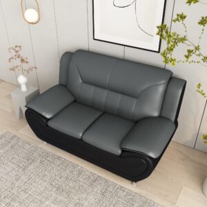 Container Furniture Direct Modern Style Faux Leather Loveseat with Extra Comfortable Pillow Top Armrests Ideal for Living Room, Bedroom or Home Office Couch, 61.3’’ Wide, Grey/Black