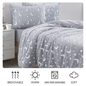 HOMBYS Glow in The Dark Duvet Cover Set for Kids Twin Size, 3 Pieces Grey Soft Plush Velvet Bedding Comforter Cover with Glowing Stars for Boys Girls Bedroom (1 Duvet Cover, 2 Matching Pillow Cases)