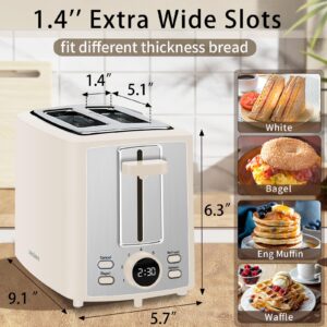 SEEDEEM Toaster 2 Slice, Bread Toaster with LCD Display, 7 Shade Settings, 1.４'' Extra Wide Slots Toaster with Cancel, Bagel, Defrost, Reheat Functions, Removable Crumb Tray, 900W, Cream White