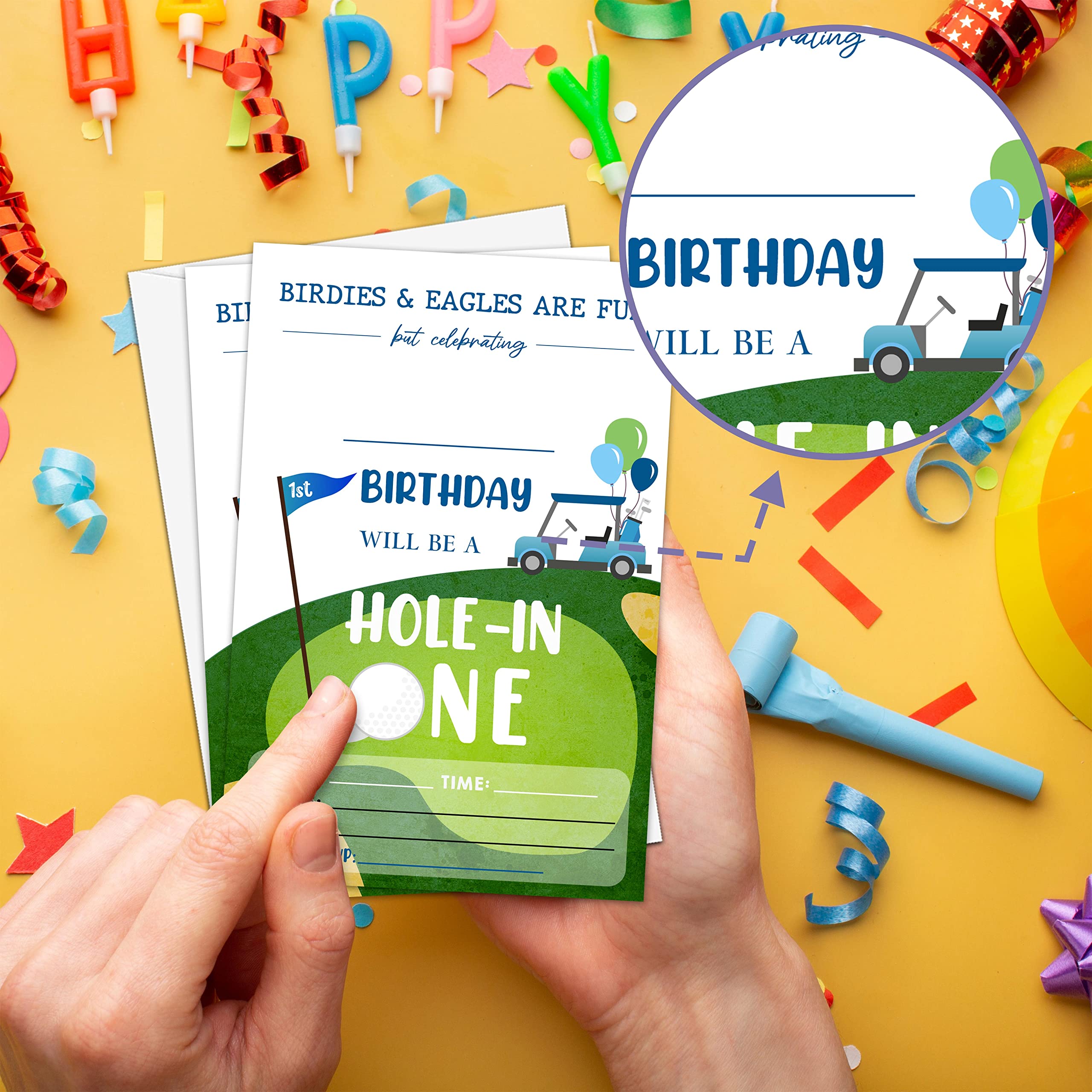 1st Golf Birthday Party Invitation, Hole in One Themed Fill-In Invites, 20 Invitations With Envelopes for Men & Women (4" X 6"), Adults Golf Party Favors Decorations and Supplies -52