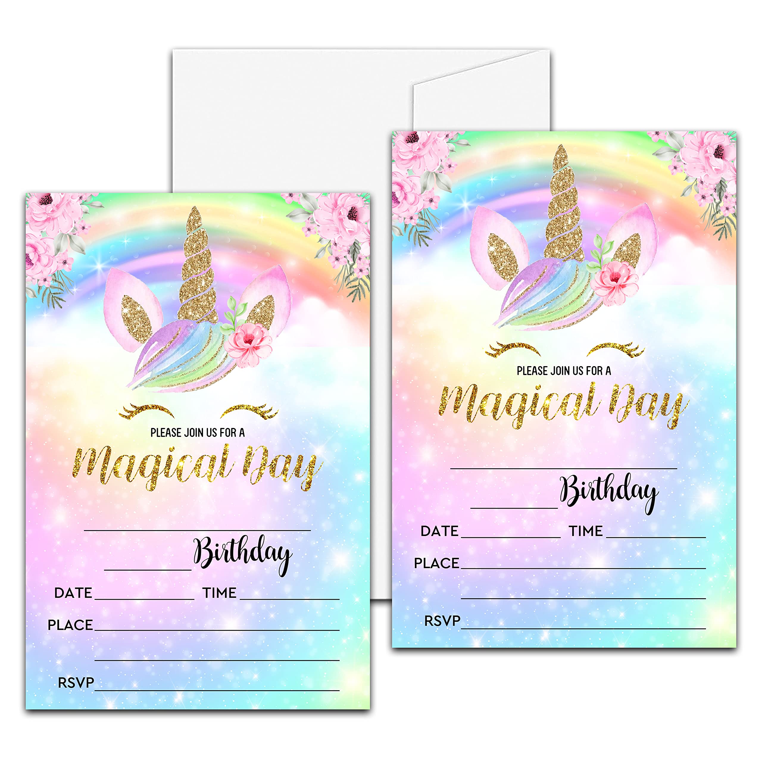 Unicorn Birthday Party Invitation, Magical Unicorn Themed Fill-In Invites for Friends, 20 Invitations With Envelopes (4" X 6"), Rainbow Party Favors Decorations and Supplies -29