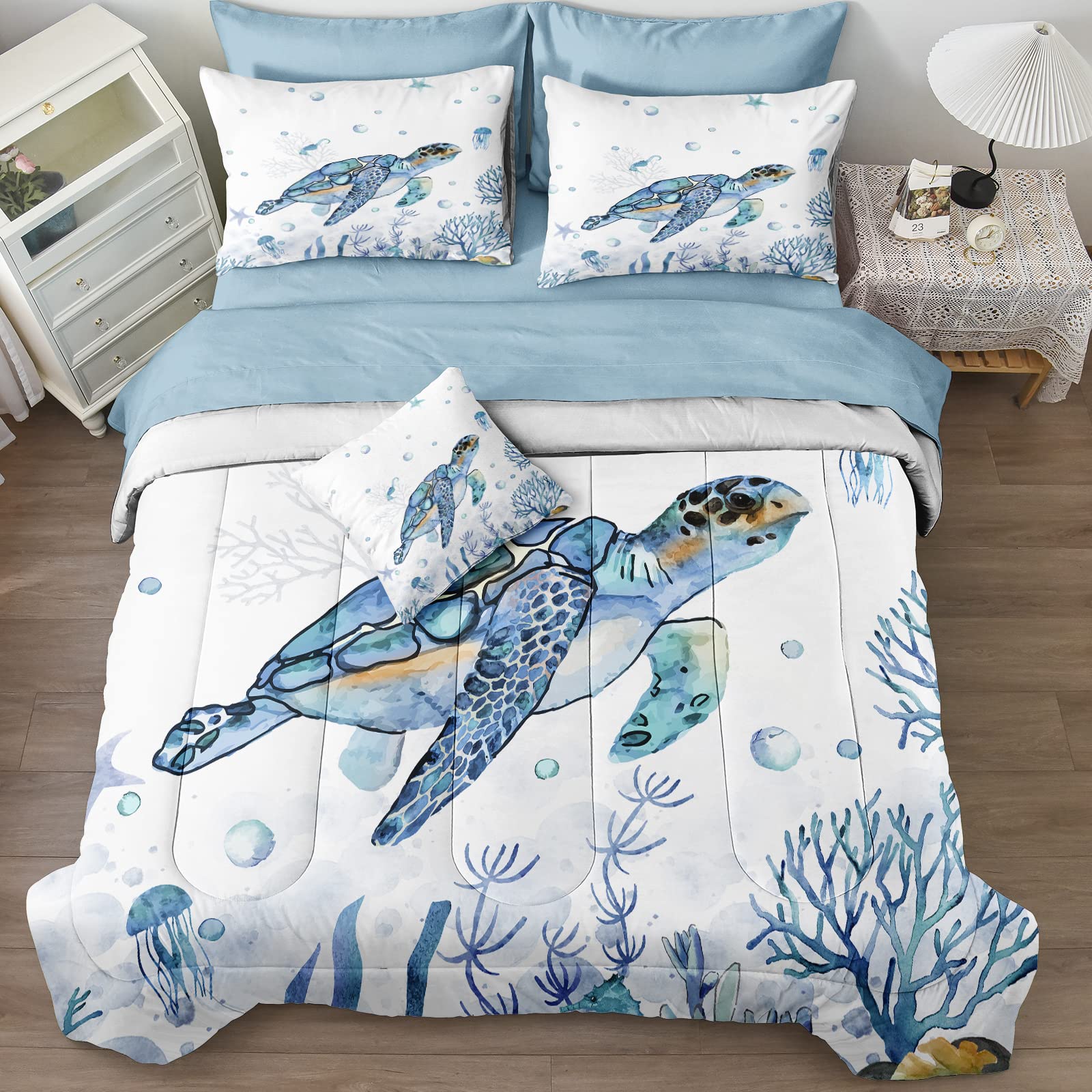 Sea Turtle Comforter Ocean Themed Bedding Sets 6 Pieces Twin Bed in A Bag Teal Blue Turtle Sea Horse Animal Cartoon Pattern Beach Coastal Bedding Comforter (Sea Turtle, Twin)