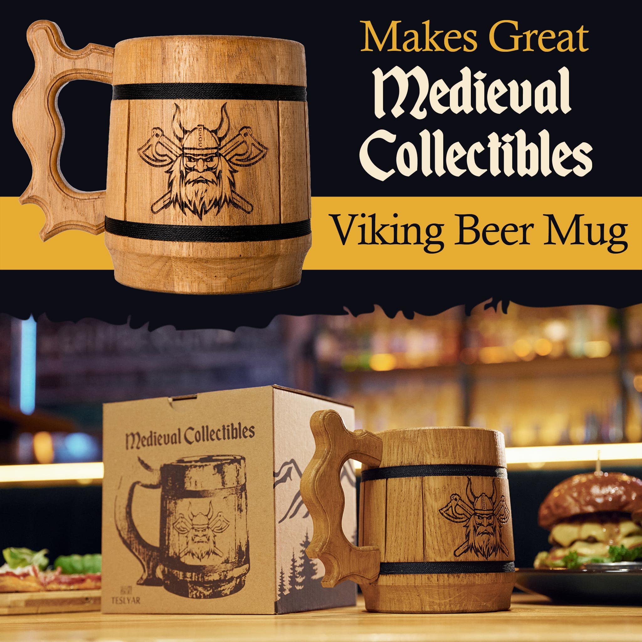 TESLYAR Beer Mug 20 OZ - Viking mug - Tankard Mug - Beer stein - Wooden beer mug - Handmade Gifts for Men | Fathers Day | Christmas | Birthday Gifts | Norse & Celtic Men Mugs - Light Viking