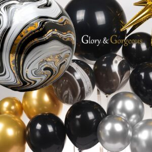 Black and Gold Silver Balloon garland arch kit 135Pcs With Starburst 4D agate balloons for Birthday 2025 new year eve graduation retirement Party Decorations