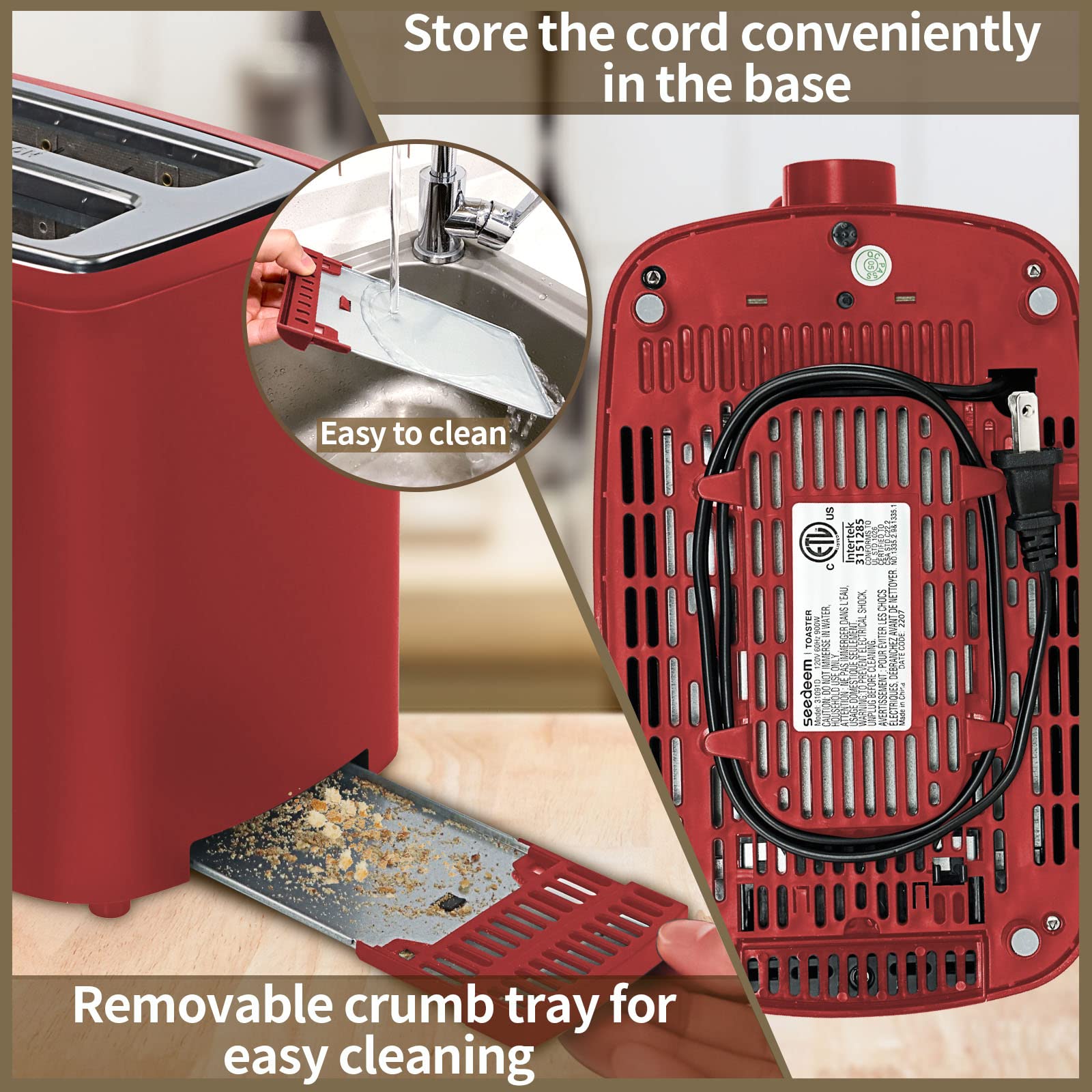 SEEDEEM Toaster 2 Slice, Bread Toaster with LCD Display, 7 Shade Settings, 1.４'' Variable Extra Wide Slots Toaster with Cancel, Bagel, Defrost, Reheat Functions, Removable Crumb Tray, 900W, Retro Red