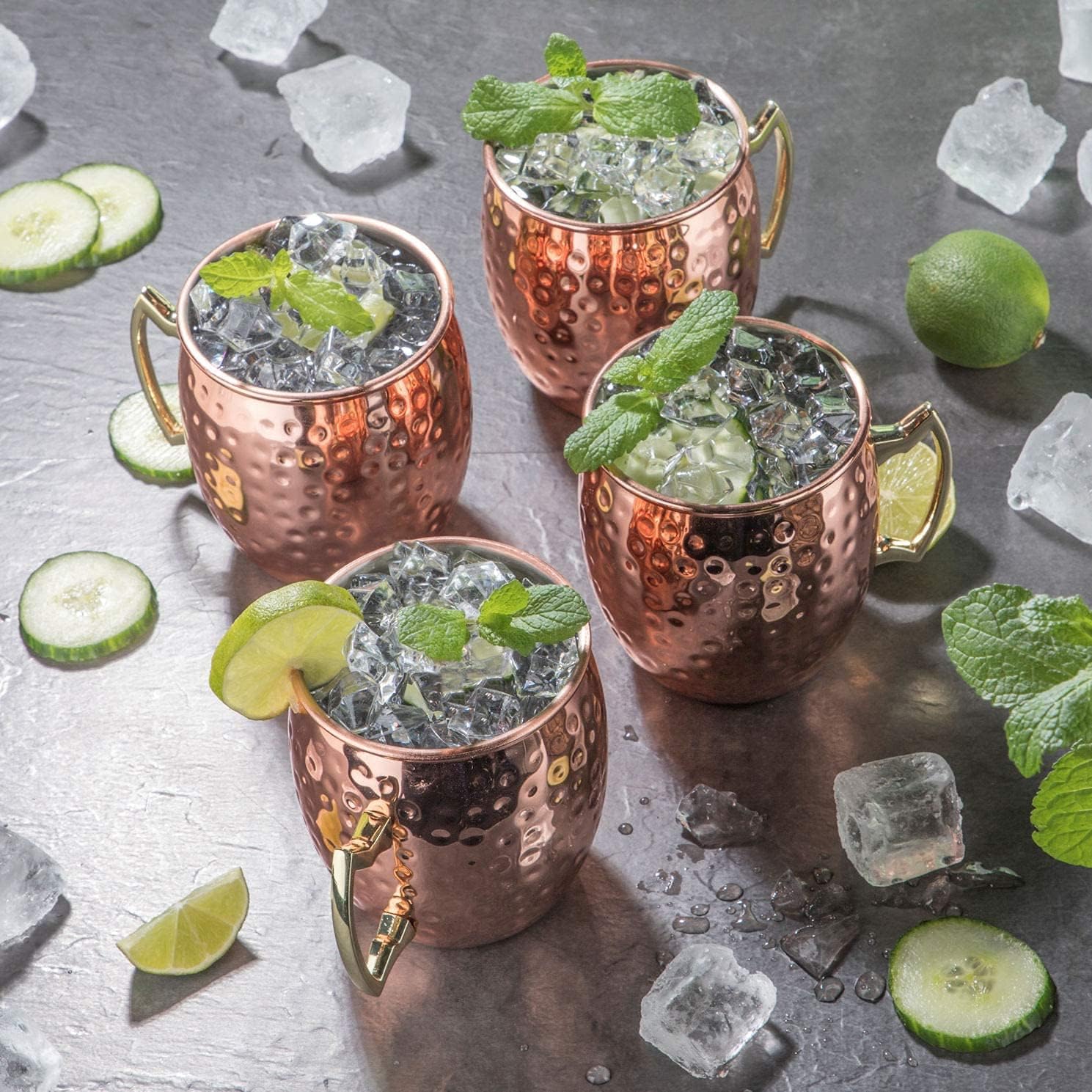 BOLD & DIVINE Copper Plated Moscow Mule Mugs Set of 4 | 18 Oz Hammered Copper Cups with Stainless Steel Lining Gold & Brass Handles with Copper Straws & Shot Glass | Perfect for Bars, Parties & Gifts