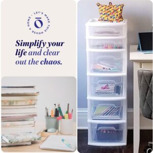 Homz Plastic 6 Clear Drawer Medium Home Organization Storage Container Tower with 4 Large Drawers and 2 Small Drawers, White Frame (2 Pack)