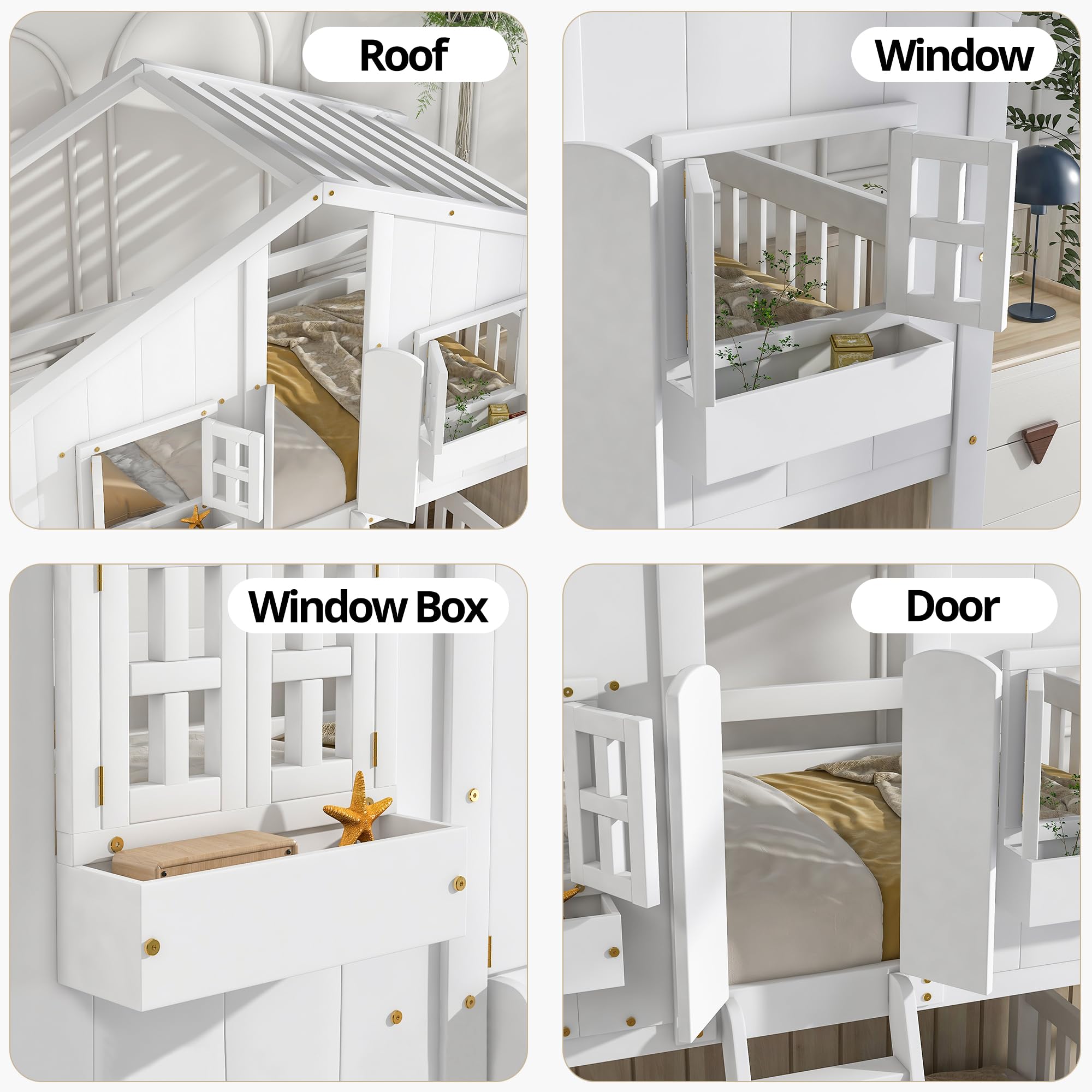 Bunk Bed Twin Over Twin with Roof, Wood House Bunk Bed with Door, Windows, Twin Bunk Bed Frame with Heightened Guardrails and Widen Ladder for Boys Girls, 81.7" L x 57.8" W x 86.9" H, White