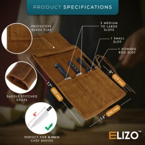 ELIZO Genuine Leather Knife Roll Set Small Chef's Knife Case Holder Cutlery Sheath Carrying Case Organizer Storage Bag Travel Friendly Artist Gift for Men & Women Teak