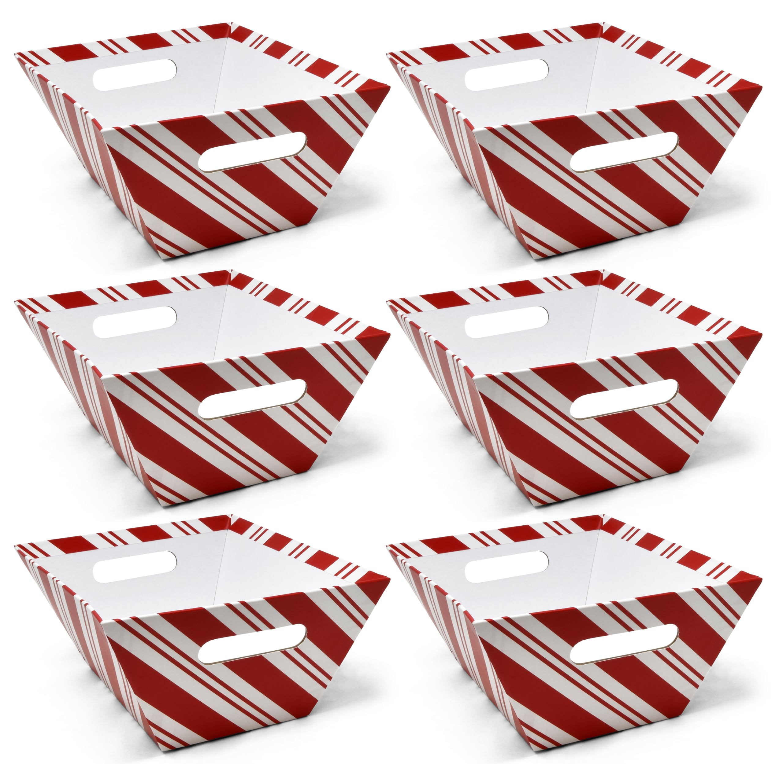 Gift Boutique 6 Pack Christmas Candy Cane Striped Gift Baskets 8" x 10" Rectangle Red & White Stripes Empty Gift Basket with Handles Cardboard Market Tray for Holiday Decorative Present Wrapping