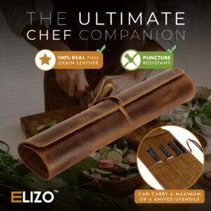 ELIZO Genuine Leather Knife Roll Set Small Chef's Knife Case Holder Cutlery Sheath Carrying Case Organizer Storage Bag Travel Friendly Artist Gift for Men & Women Teak