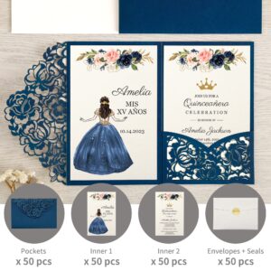 DORIS HOME 50pcs Laser Cut Quinceanera Invitations Blue, 4.7x7.1 Personalized Quince Invitations for 15th Birthday, Invitation cards for Sweet 16 with Envelopes