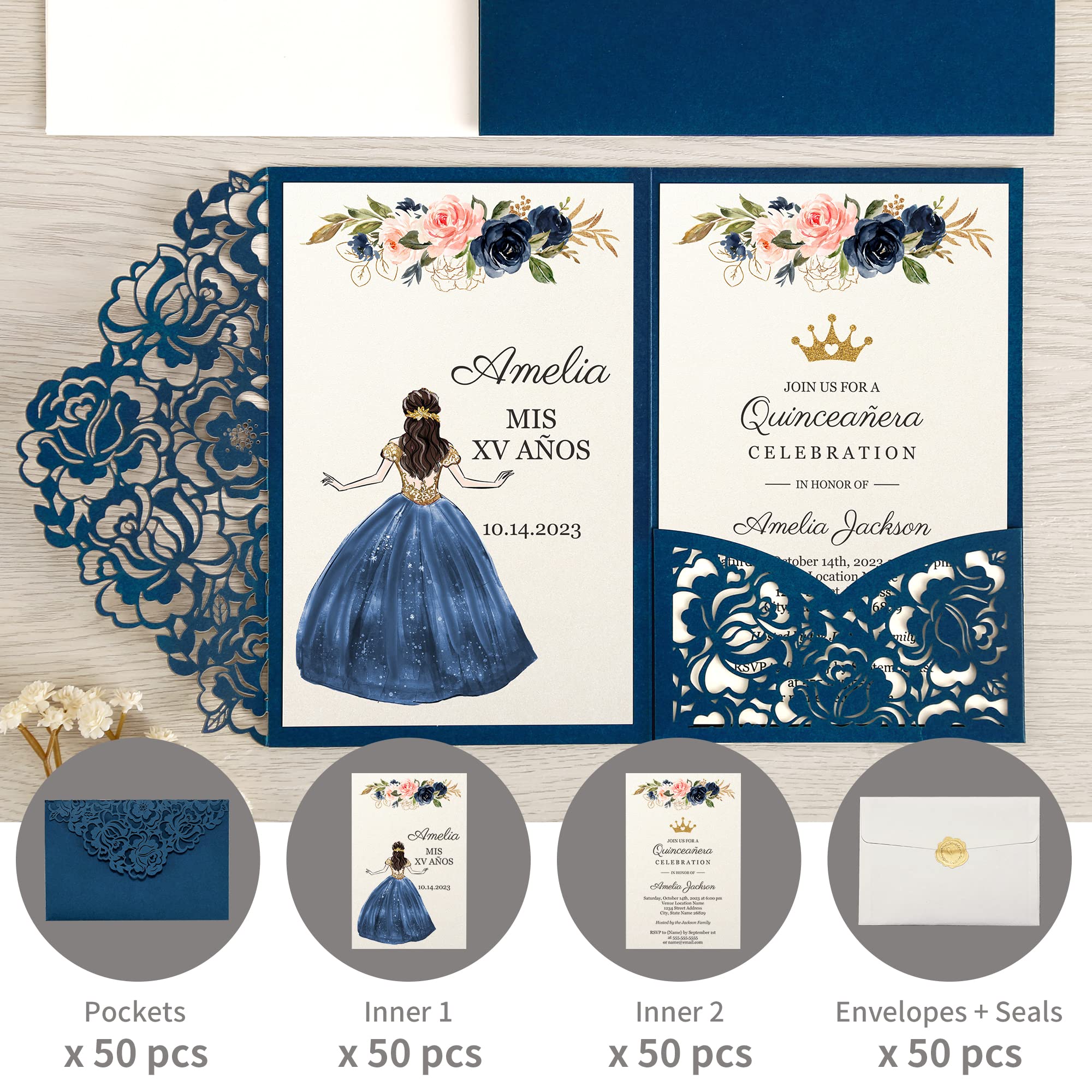 DORIS HOME 50pcs Laser Cut Quinceanera Invitations Blue, 4.7x7.1 Personalized Quince Invitations for 15th Birthday, Invitation cards for Sweet 16 with Envelopes