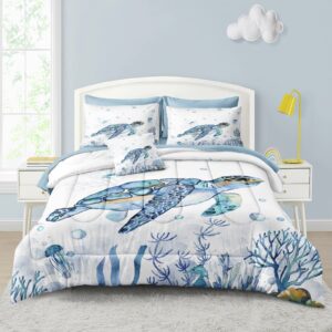 Sea Turtle Comforter Ocean Themed Bedding Sets 6 Pieces Twin Bed in A Bag Teal Blue Turtle Sea Horse Animal Cartoon Pattern Beach Coastal Bedding Comforter (Sea Turtle, Twin)