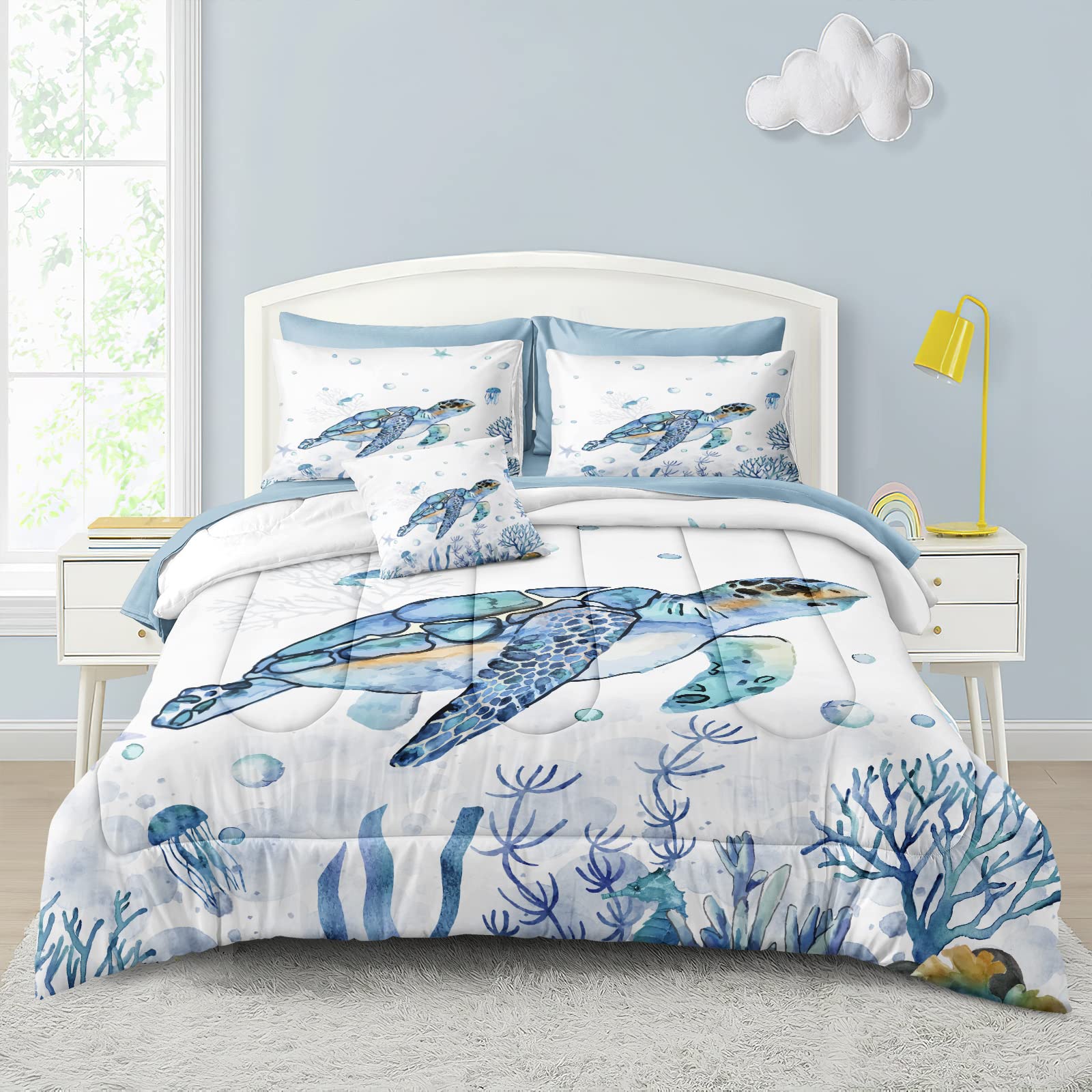 Sea Turtle Comforter Ocean Themed Bedding Sets 6 Pieces Twin Bed in A Bag Teal Blue Turtle Sea Horse Animal Cartoon Pattern Beach Coastal Bedding Comforter (Sea Turtle, Twin)