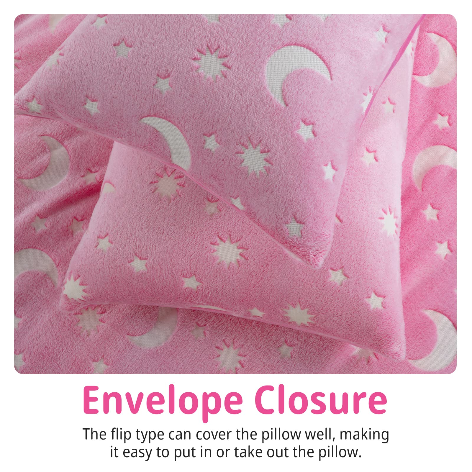 HOMBYS Glow in The Dark Duvet Cover Set for Kids Full/Queen Size, 3 Pieces Pink Soft Plush Velvet Bedding Comforter Cover with Glowing Stars for Girls Bedroom (1 Duvet Cover, 2 Matching Pillow Cases)