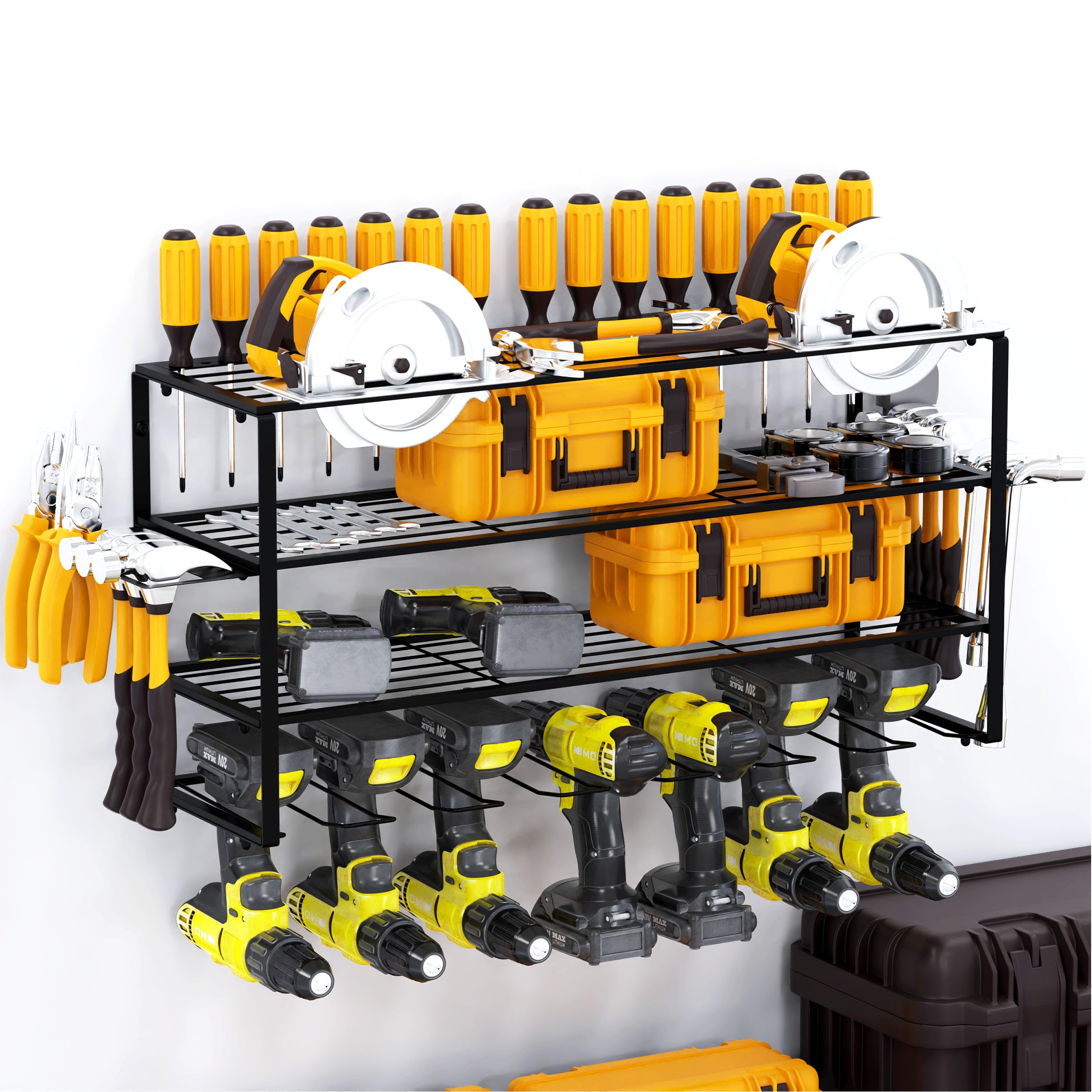 Power Tool Organizer Large - Wall Mount with 4-Layers,7 Drill Holders, Premium, Strong, Durable Tool Organizer Rack, Holds Up to 250lbs - Easy Installation, Storage for Screwdrivers,Pliers,Hammers