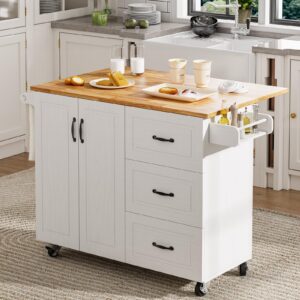 4 EVER WINNER Kitchen Island Cart with Drop Leaf & 3 Drawers, 43” Kitchen Island with Storage Cabinet on Wheels, Spice Rack, Towel Rack, Rolling Kitchen Island Table Breakfast Bar for Kitchen, White