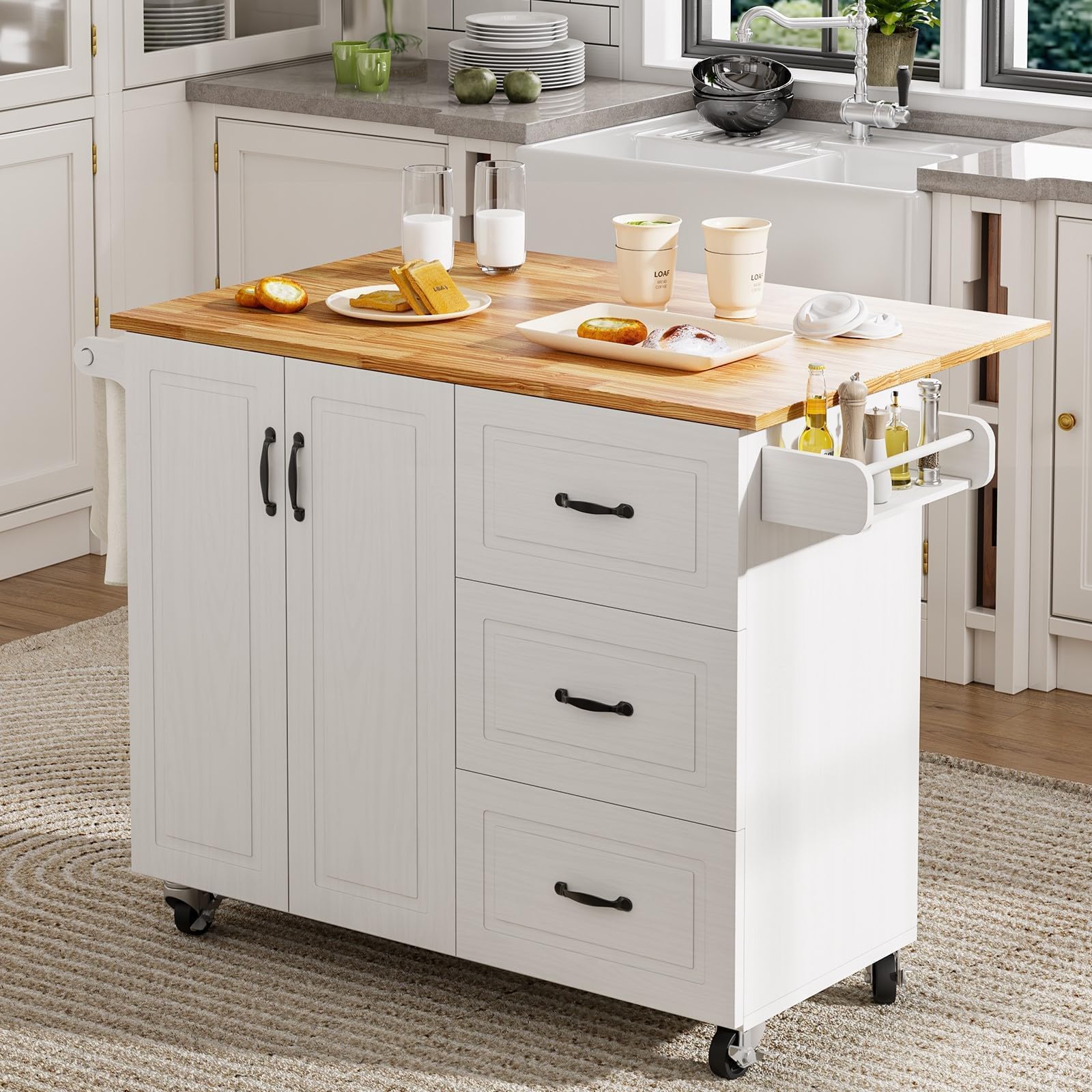 4 EVER WINNER Kitchen Island Cart with Drop Leaf & 3 Drawers, 43” Kitchen Island with Storage Cabinet on Wheels, Spice Rack, Towel Rack, Rolling Kitchen Island Table Breakfast Bar for Kitchen, White