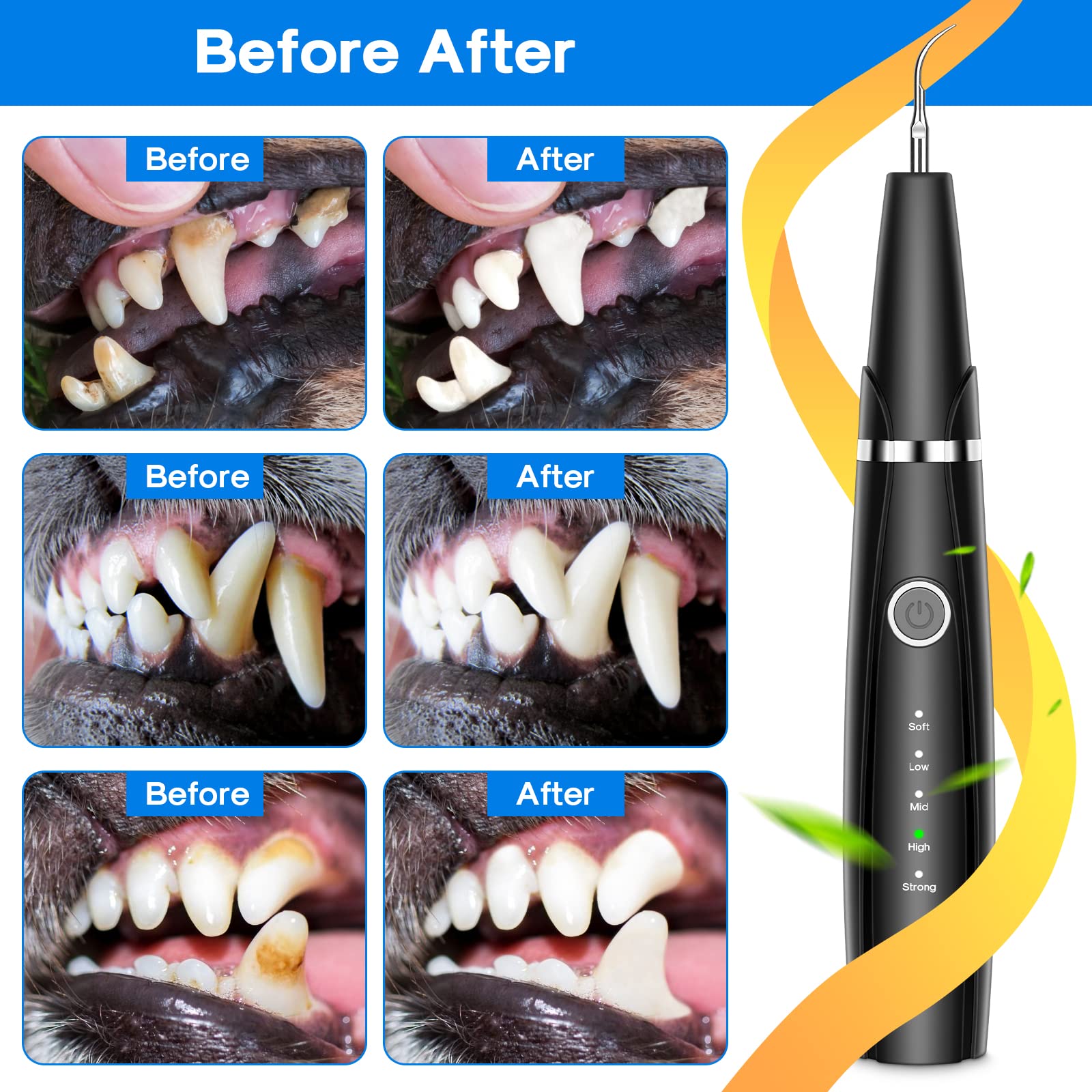 Ultrasonic Dog Teeth Cleaning Kit for Pet Teeth Cleaning, Dog Plaque Remover for Teeth, 5 Modes Dog Tartar Remover for Teeth Care to Remove Stains Calculus, 10 in 1 Pet Cleaner Toothbrush (Black)