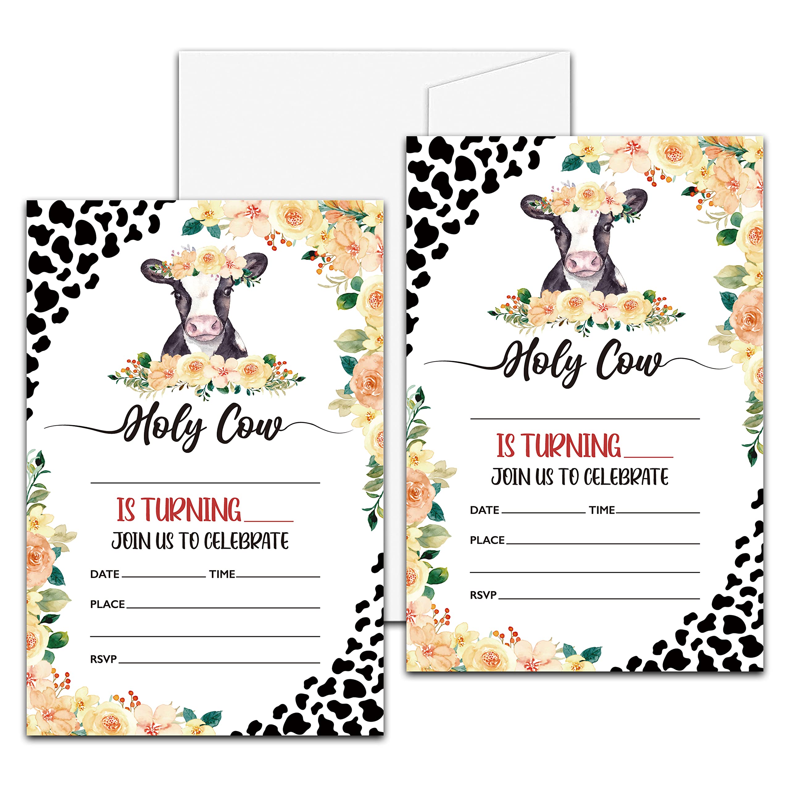 Cow Birthday Party Invitation, Barn Animals Themed Fill-In Invites for Friends, 20 Floral Invitations With Envelopes (4" X 6"), Adults Farm Party Favors Decorations and Supplies -40