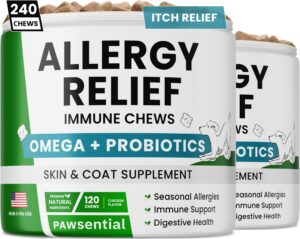 pawsential allergy relief dog chews (240 immune treats) - omega 3 + colostrum + probiotics - itchy skin relief - seasonal allergies - anti-itch & hot spots - immune supplement - made in usa