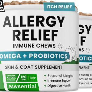 PAWSENTIAL Allergy Relief Dog Chews (240 Immune Treats) - Omega 3 + Colostrum + Probiotics - Itchy Skin Relief - Seasonal Allergies - Anti-Itch & Hot Spots - Immune Supplement - Made in USA