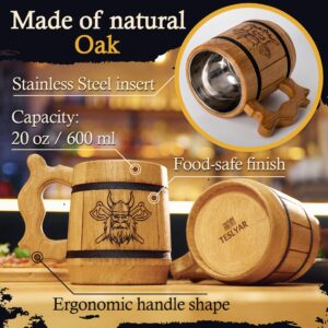 TESLYAR Beer Mug 20 OZ - Viking mug - Tankard Mug - Beer stein - Wooden beer mug - Handmade Gifts for Men | Fathers Day | Christmas | Birthday Gifts | Norse & Celtic Men Mugs - Light Viking