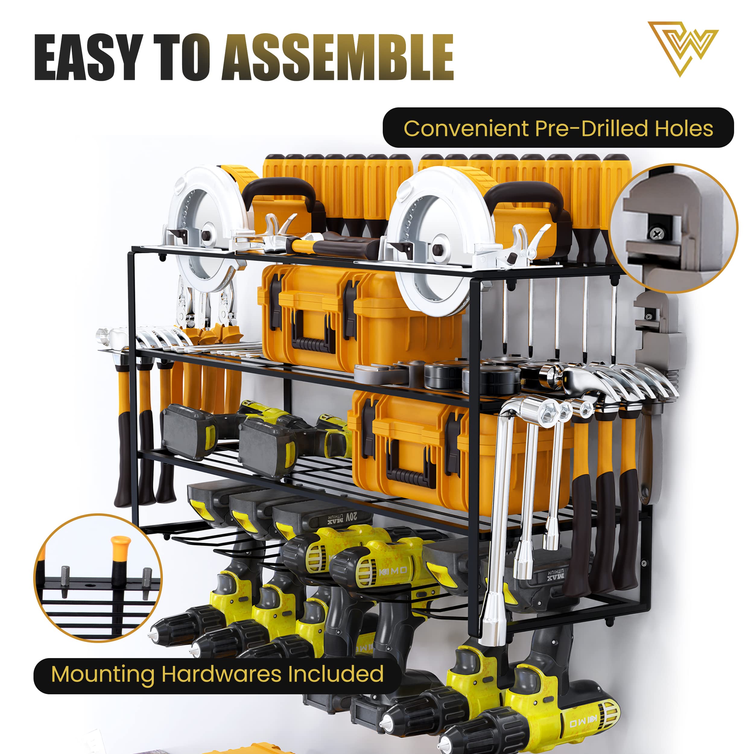 Power Tool Organizer Large - Wall Mount with 4-Layers,7 Drill Holders, Premium, Strong, Durable Tool Organizer Rack, Holds Up to 250lbs - Easy Installation, Storage for Screwdrivers,Pliers,Hammers