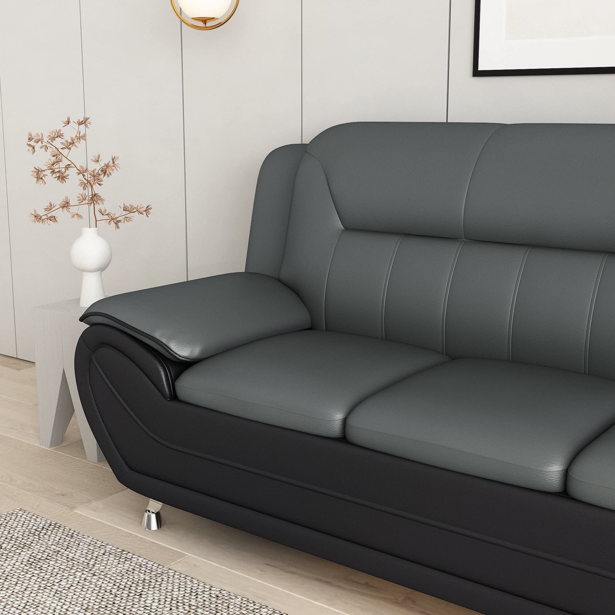 Container Furniture Direct Modern Style Faux Leather Sofa with Extra Comfortable Pillow Top Armrests Ideal for Living Room, Bedroom or Home Office Couch, 79.2’’ Wide, Grey/Black