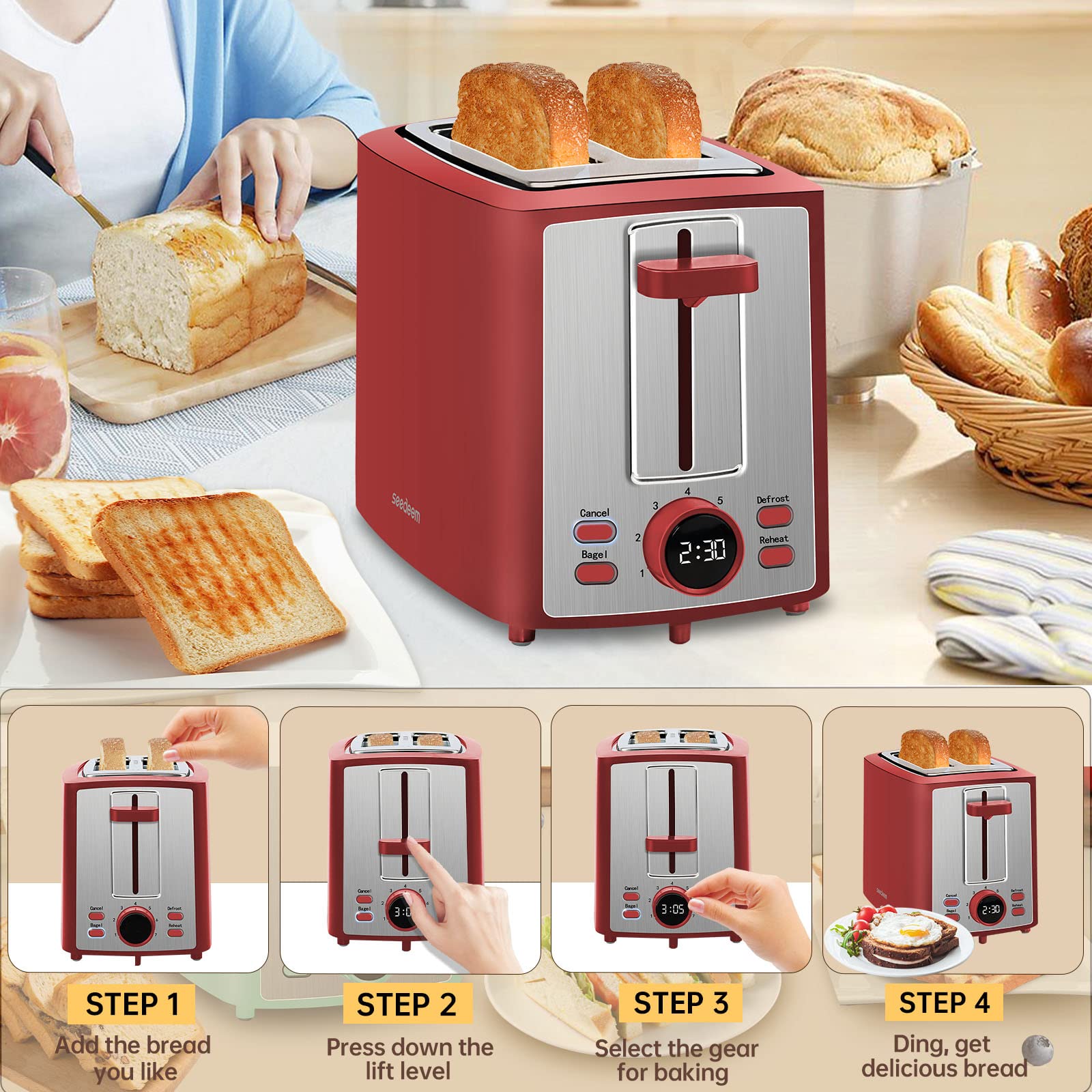 SEEDEEM Toaster 2 Slice, Bread Toaster with LCD Display, 7 Shade Settings, 1.４'' Variable Extra Wide Slots Toaster with Cancel, Bagel, Defrost, Reheat Functions, Removable Crumb Tray, 900W, Retro Red