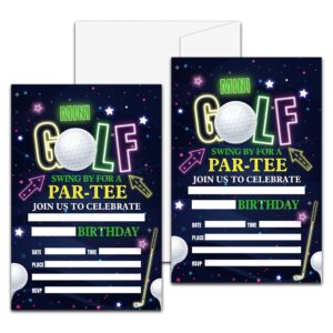 golf birthday party invitation, mini golf themed fill-in invites, 20 invitations with envelopes for friends (4" x 6"), neon glow party favors decorations and supplies -47